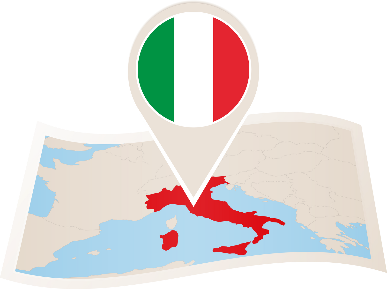 Folded paper map of Italy with flag pin of Italy.