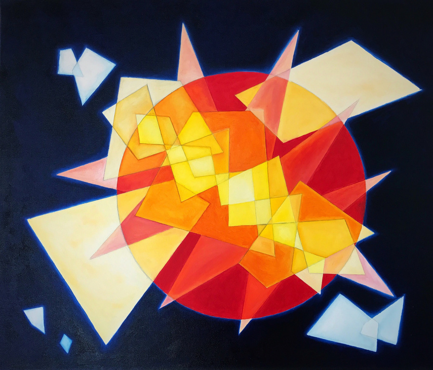 Peinture à l'huile abstraite représentant un cercle rouge morcelé par des formes triangulaires jaunes et oranges. Le fond est d'un bleu très profond évoquant l'espace.